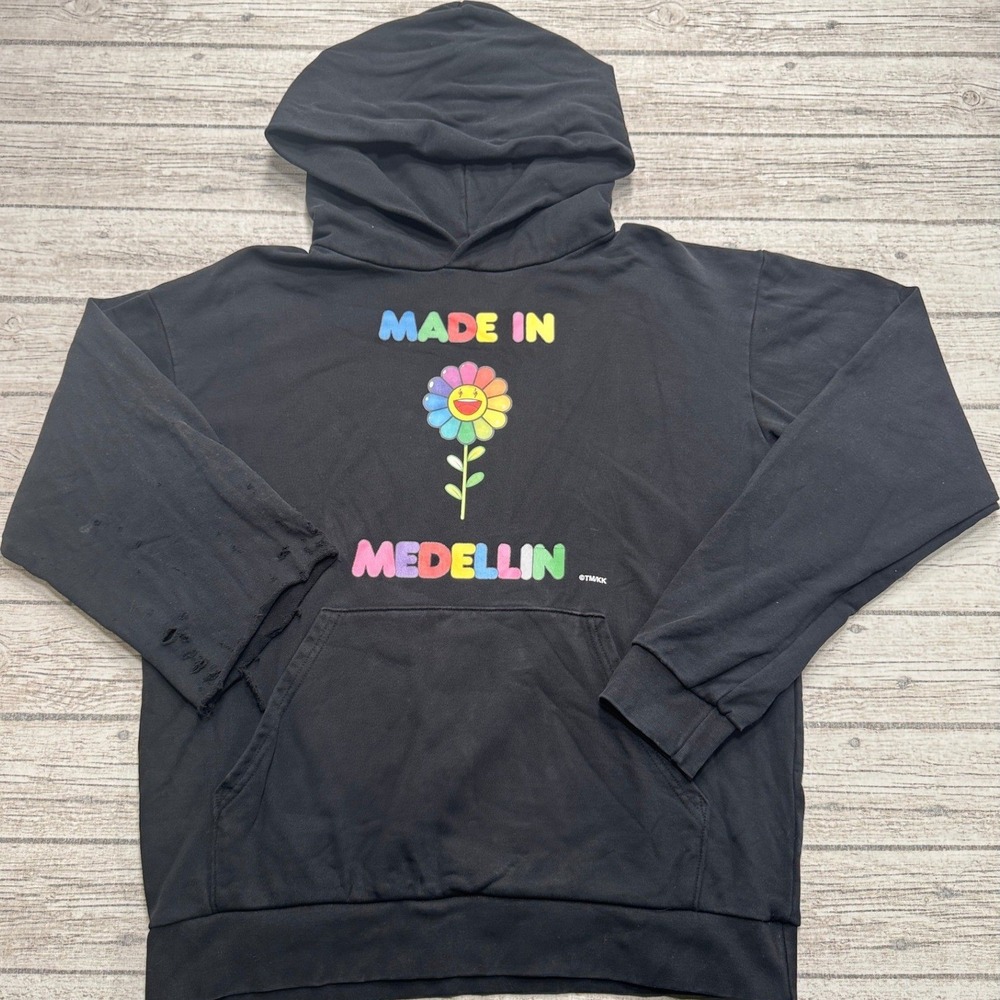 J Balvin x Murakami Hoodie Men's Medium Black Made In Medellin Thrashed Faded